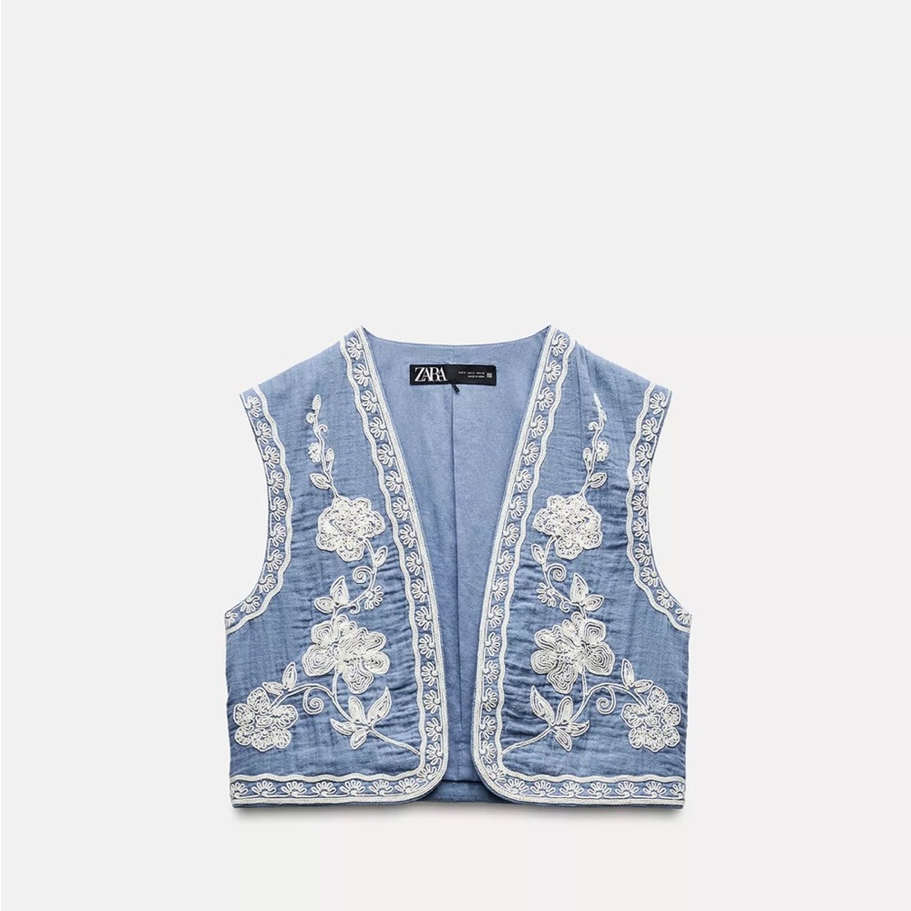 Zara Denim Vest with White Floral Embroidery